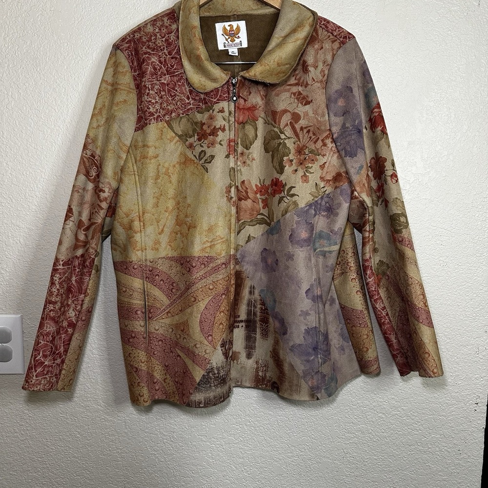 Vintage Ameri Mode Womens XL Jacket‎ Faux Suede Floral Patchwork Style West Boho